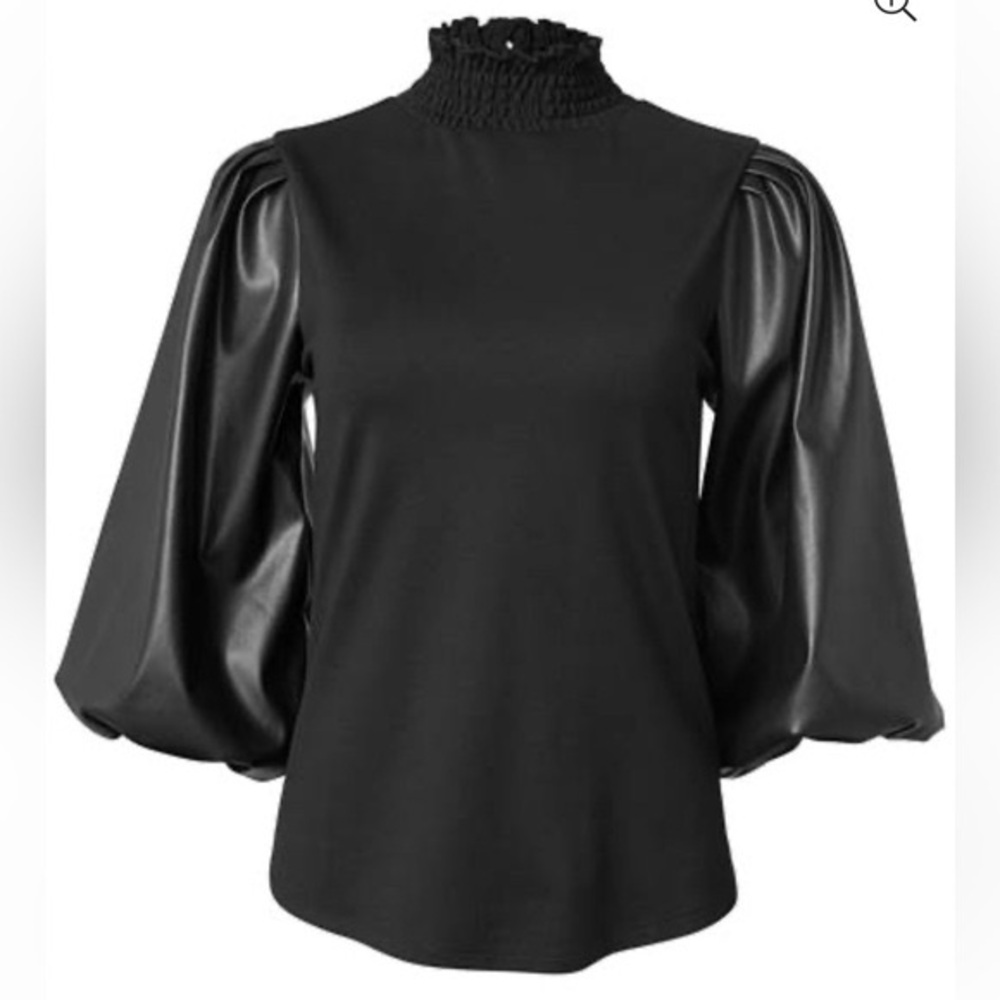 NWOT Venus Faux-Leather Mock-Neck 3/4 Sleeve Top Black Keyhole back Size Small